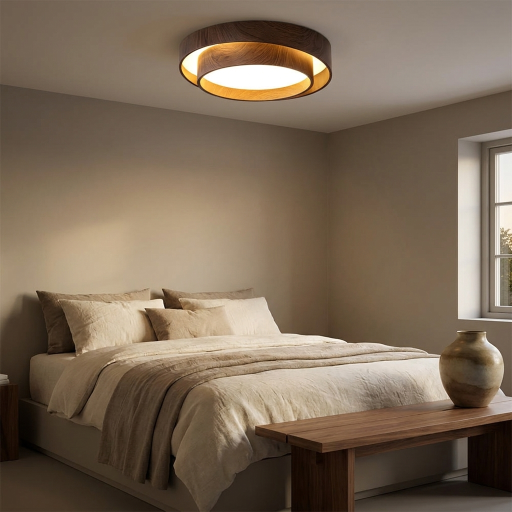 Sereno | Walnut Finish Round Flush Mount Ceiling Lamp for Living Room and Bedroom — product view 3