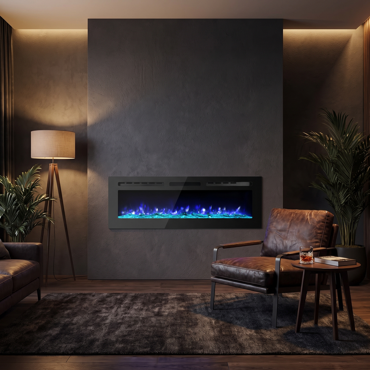 60 Inch Slim Recessed Electric Fireplace, Wall Mounted Linear LED Fireplace with Digital Thermostat, Blower Fan & Remote, 750-1500W, Black — product view 1