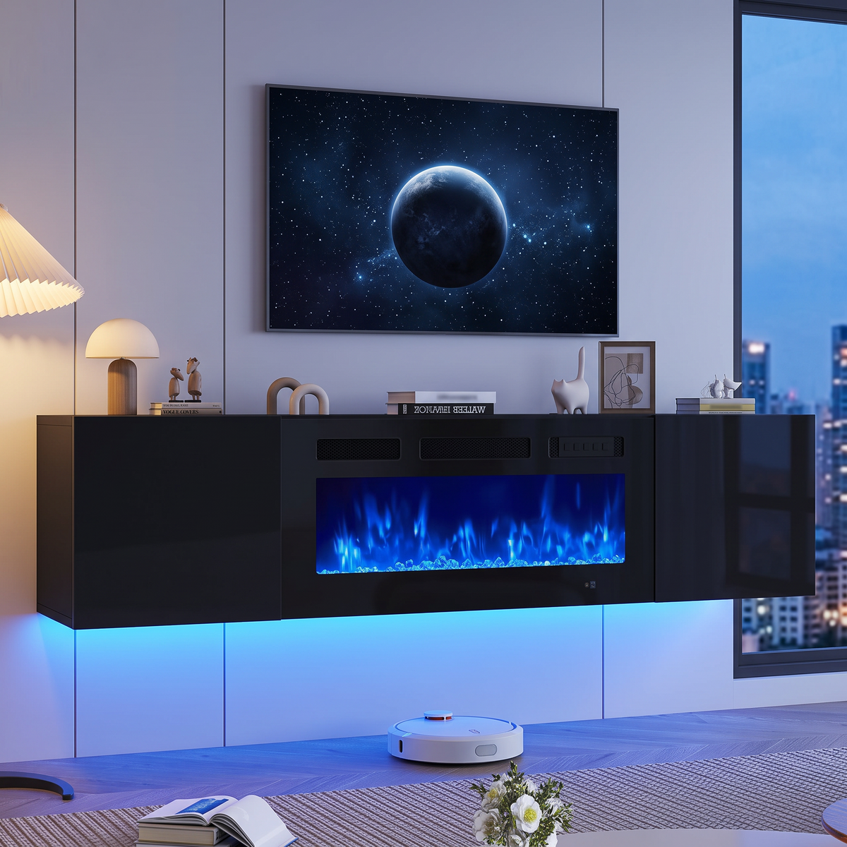 70 Inch Floating TV Stand with 36 Inch Electric Fireplace, Wall Mounted Entertainment Center with Storage for Living Room — product view 1