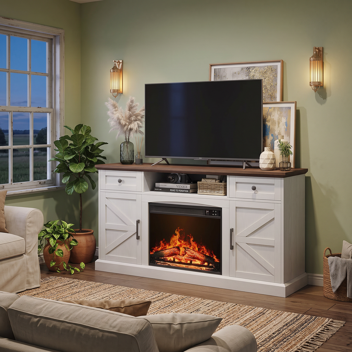 Farmhouse Fireplace TV Stand for TVs up to 70 Inch, Entertainment Center with 23 Inch Electric Fireplace, Drawers & Storage, Antique White — product view 2