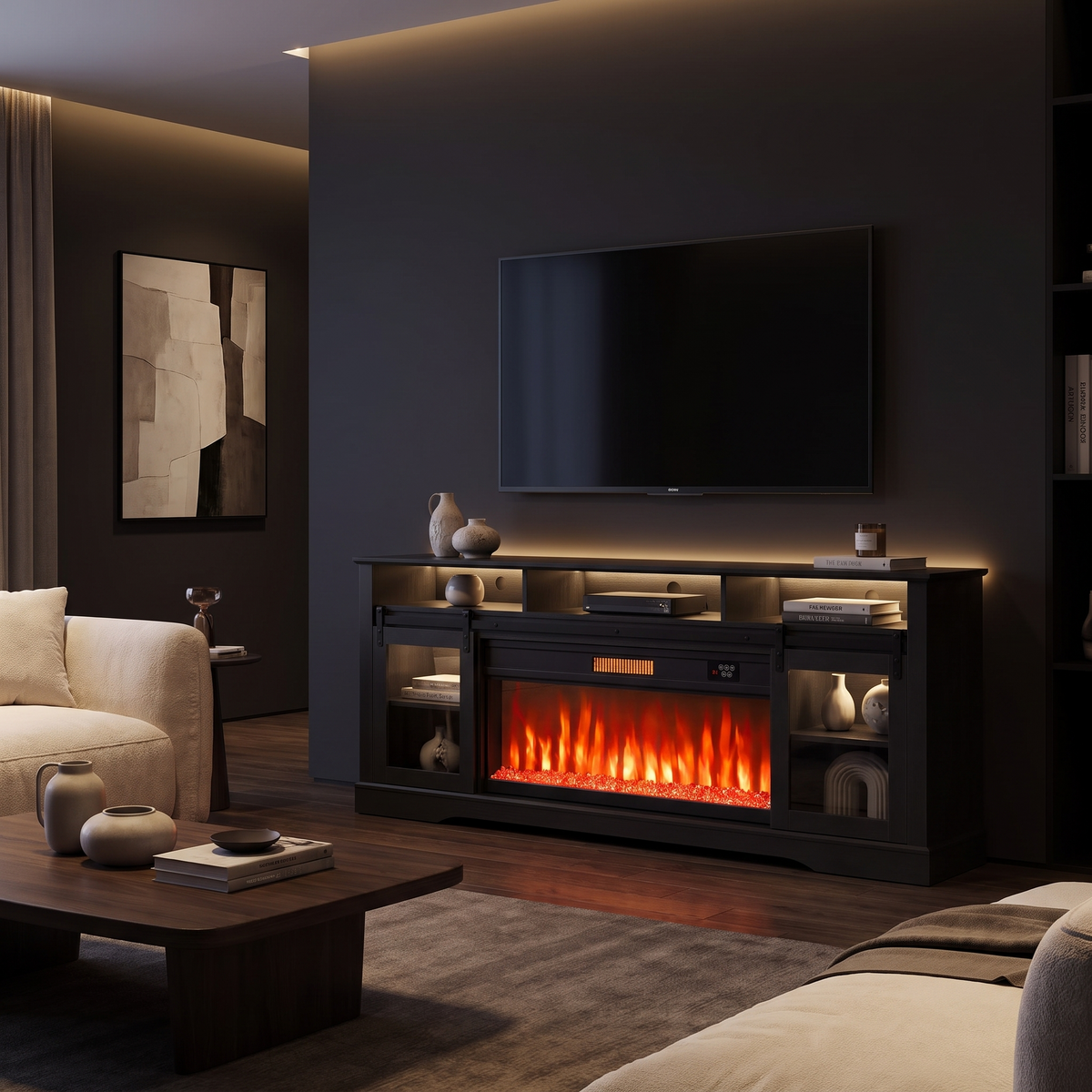 Fireplace TV Stand for TVs up to 80 Inch, Modern Entertainment Center with 36 Inch Glass Electric Fireplace & LED Lights, Black — product view 1
