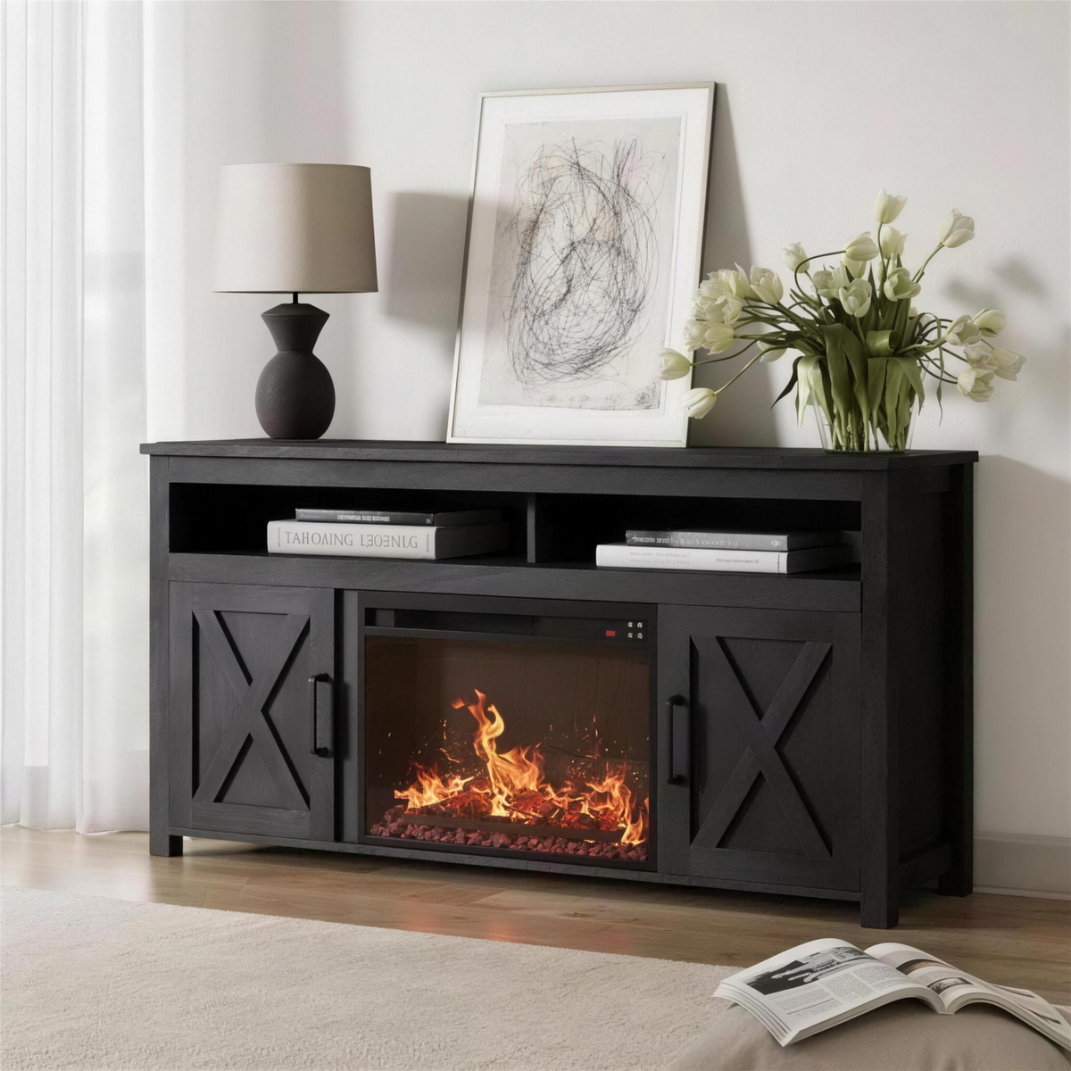 58 Inch Electric Fireplace TV Stand for TVs up to 65 Inch, Farmhouse Media Console Entertainment Center for Living Rooms — product view 1