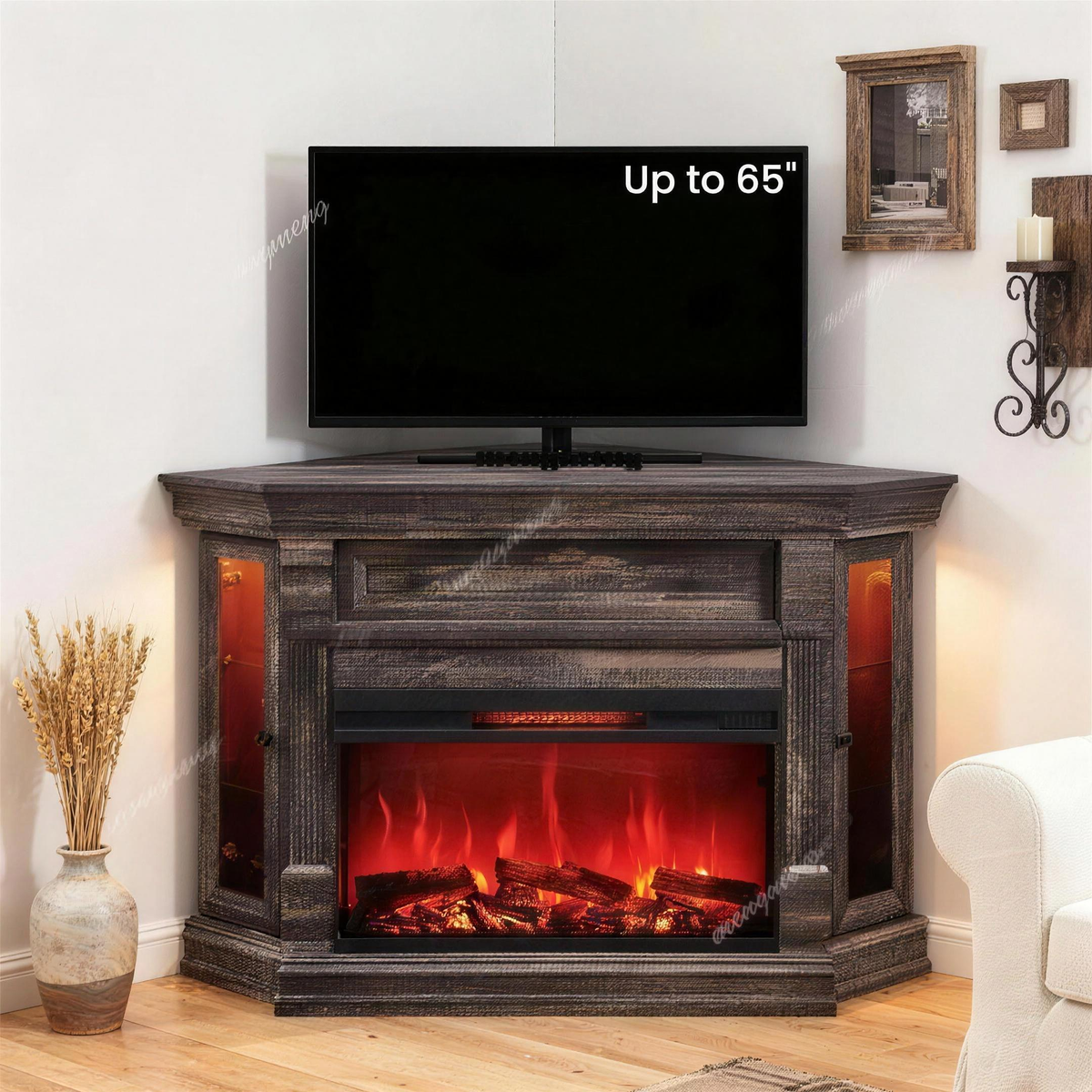 56" Corner Fireplace TV Stand for Up to 65 Inch TV - 30" Electric 3-Sided Fireplace, Farmhouse Entertainment Center — product view 1