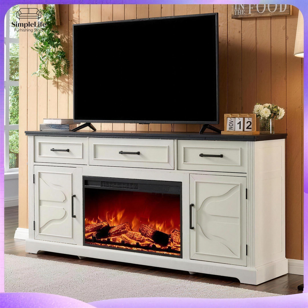 Fireplace TV Stand for TVs Up to 75 Inch, Electric Media Entertainment Center with Storage Cabinet & Console — product view 2