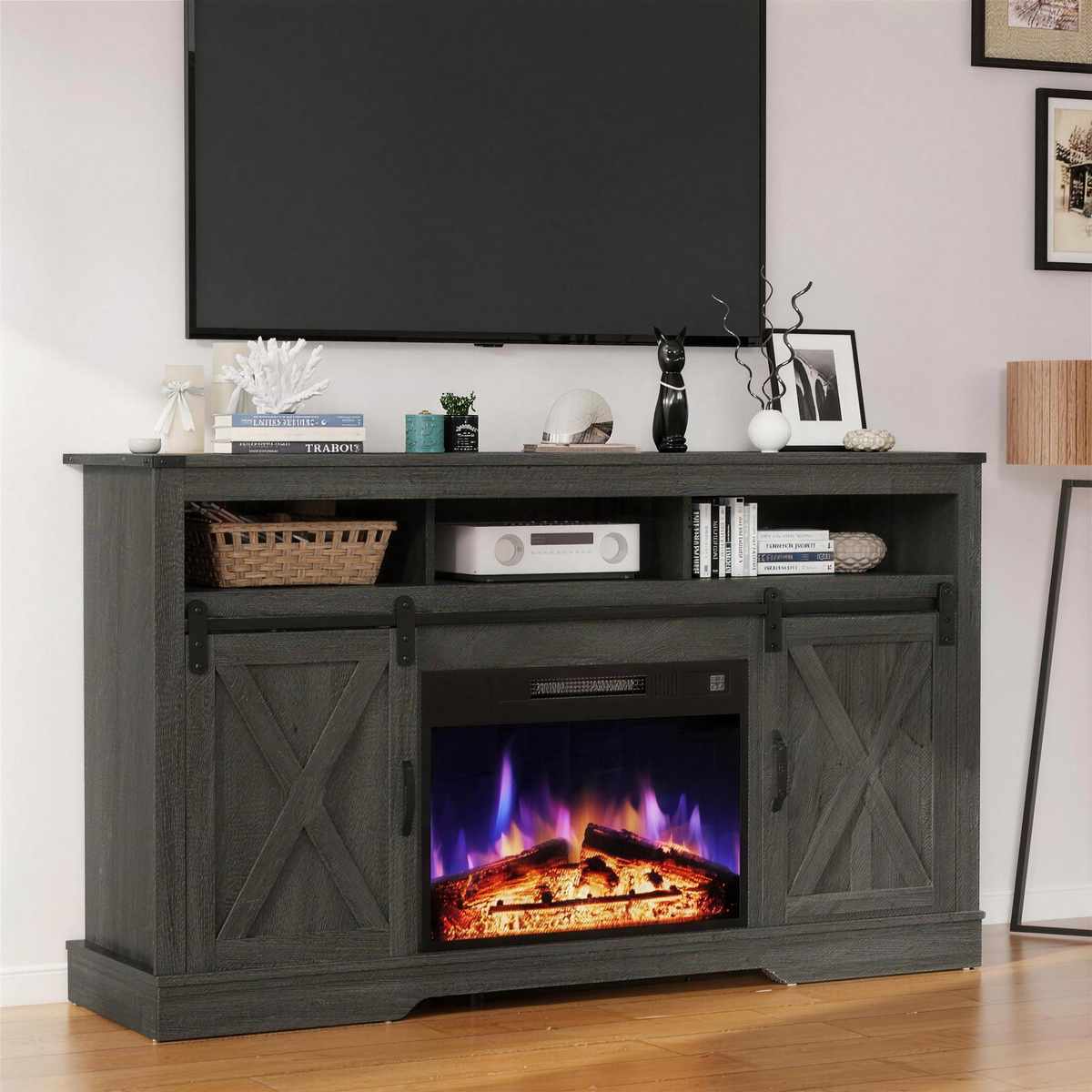 Farmhouse Fireplace TV Stand for 65 Inch and Larger Televisions, Entertainment Center with Storage Hutch and LED Flames for Living Rooms — product view 1