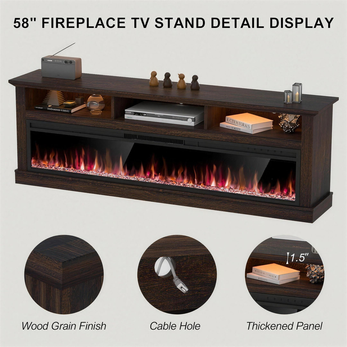 58 Inch Brown Fireplace TV Stand with LED Lights, Entertainment Center for Living Room TVs up to 65 Inch — product view 1