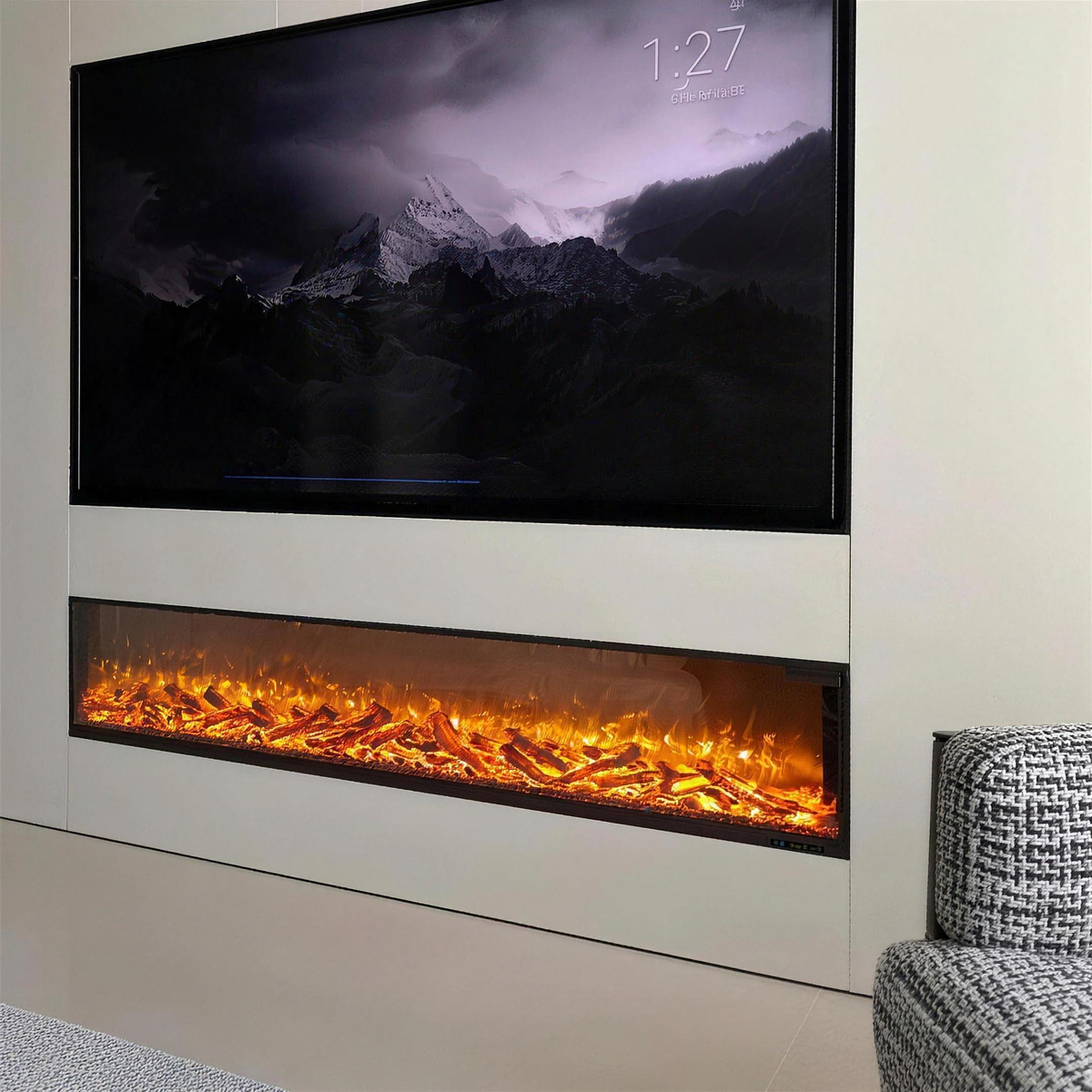 750W Freestanding Linear Electric Fireplace with Adjustable Flame Brightness, Crystal & Log Bed, Modern Black Frame — product view 1