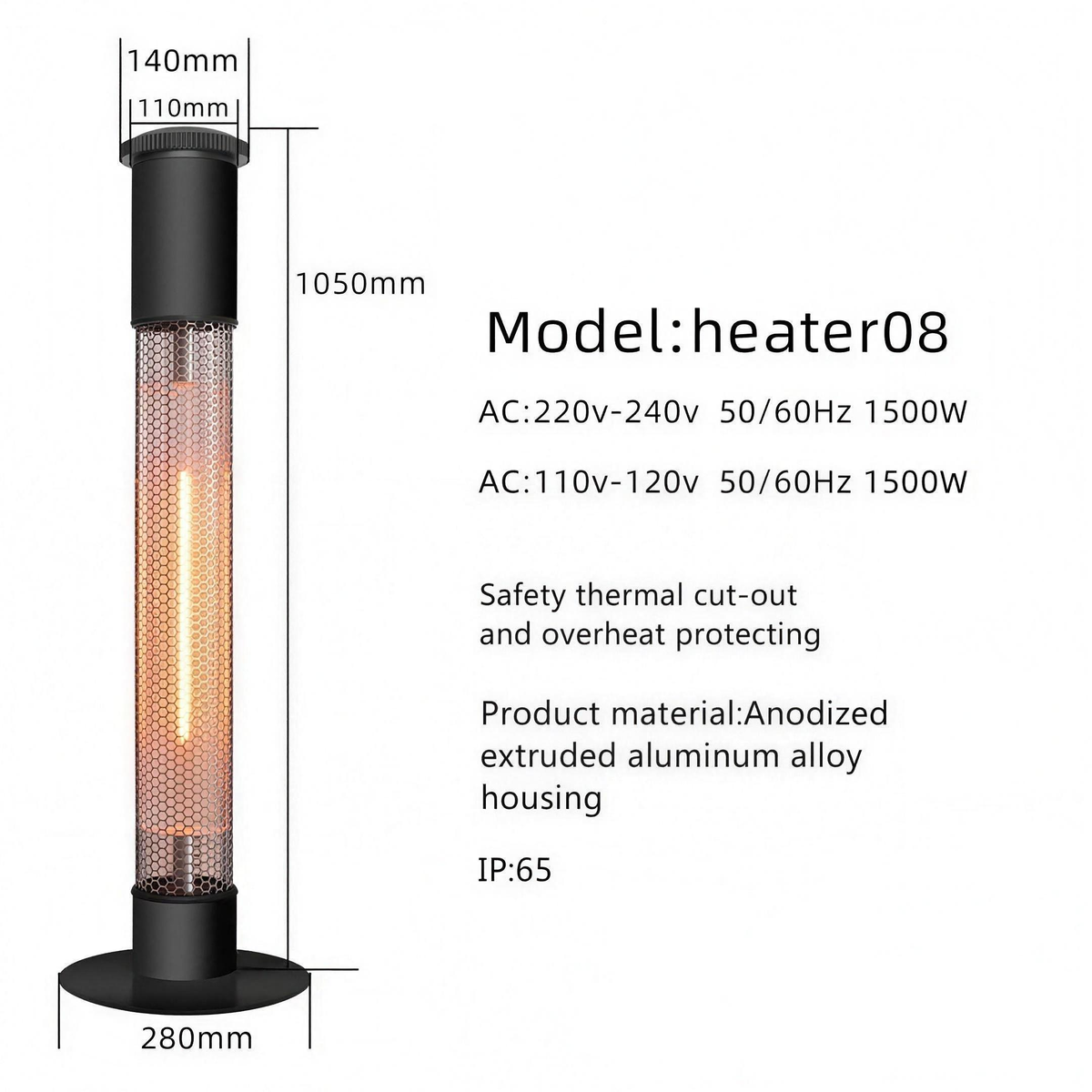 Infrared Electric Space Heater, IP65 Rated, Overheat Protection for Indoor Rooms and Covered Patios — product view 1