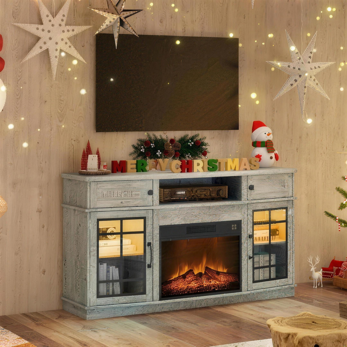 Electric Fireplace TV Stand for TVs up to 65 Inch, Curved Front, Modern Media Console Entertainment Center, Adjustable LED Flame for Living Rooms — product view 1