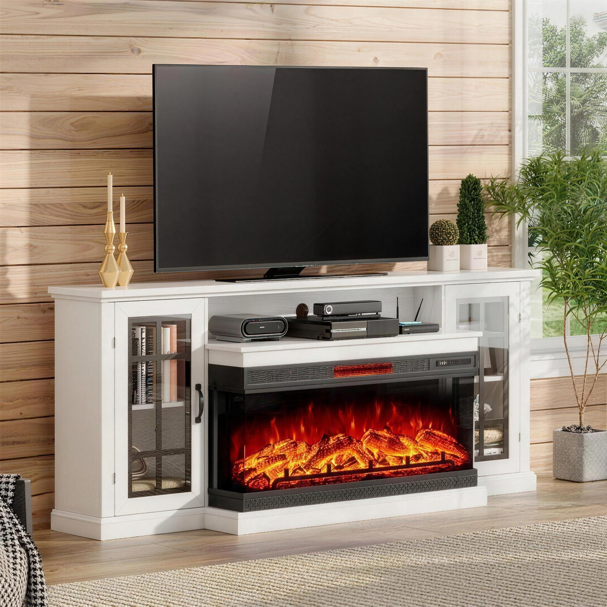 Rustic 3-Sided Glass Fireplace TV Stand for TVs up to 85 Inch, Panoramic Flame Media Entertainment Center Console — product view 1