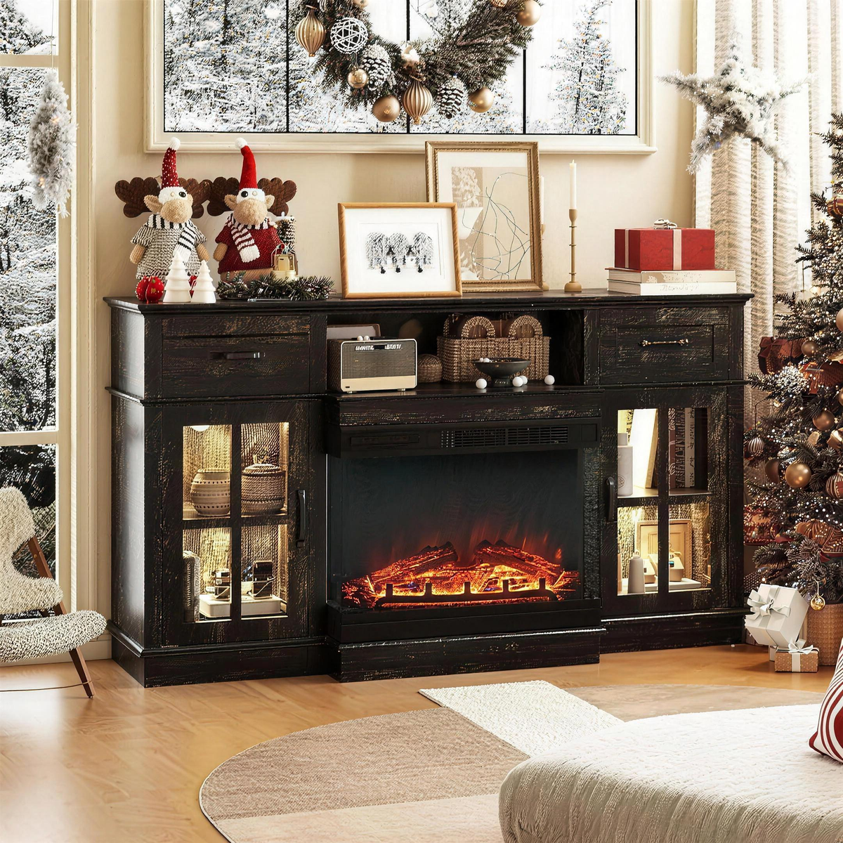 65 Inch Electric Fireplace TV Stand, Modern Media Console Entertainment Center, Storage Cabinets, Adjustable LED Flame for Living Rooms — product view 1