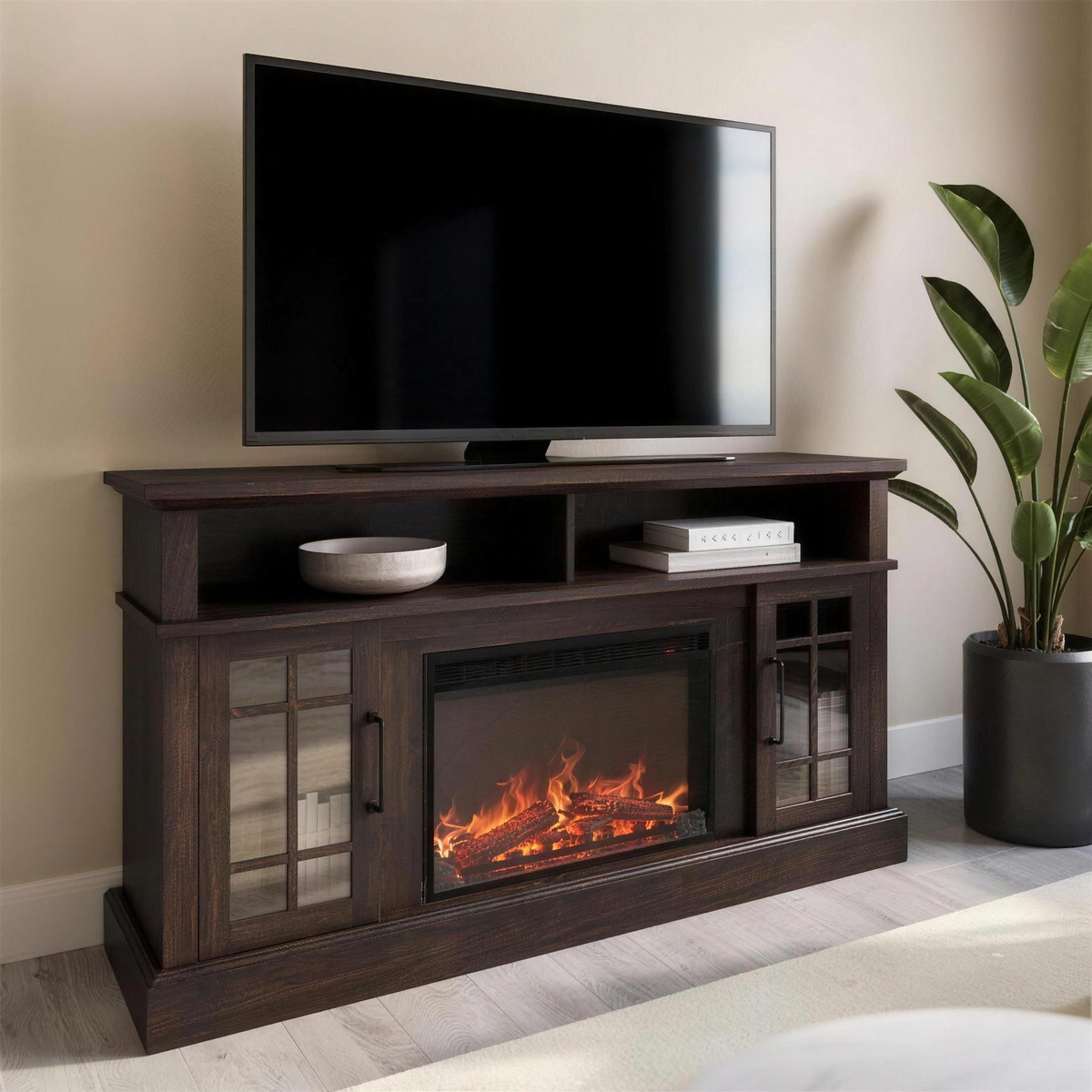 58 Inch Rustic Fireplace TV Stand with 23 Inch Electric Fireplace & Crackling Sound, Traditional Media Console for 65 Inch TVs — product view 1
