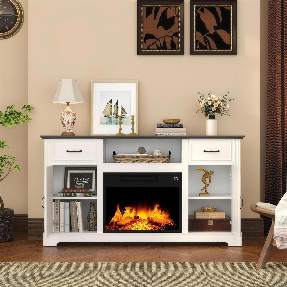 65 Inch Electric Fireplace TV Stand, Solid Wood, Modern Media Console Entertainment Center, Storage Cabinets for Living Rooms — product view 1