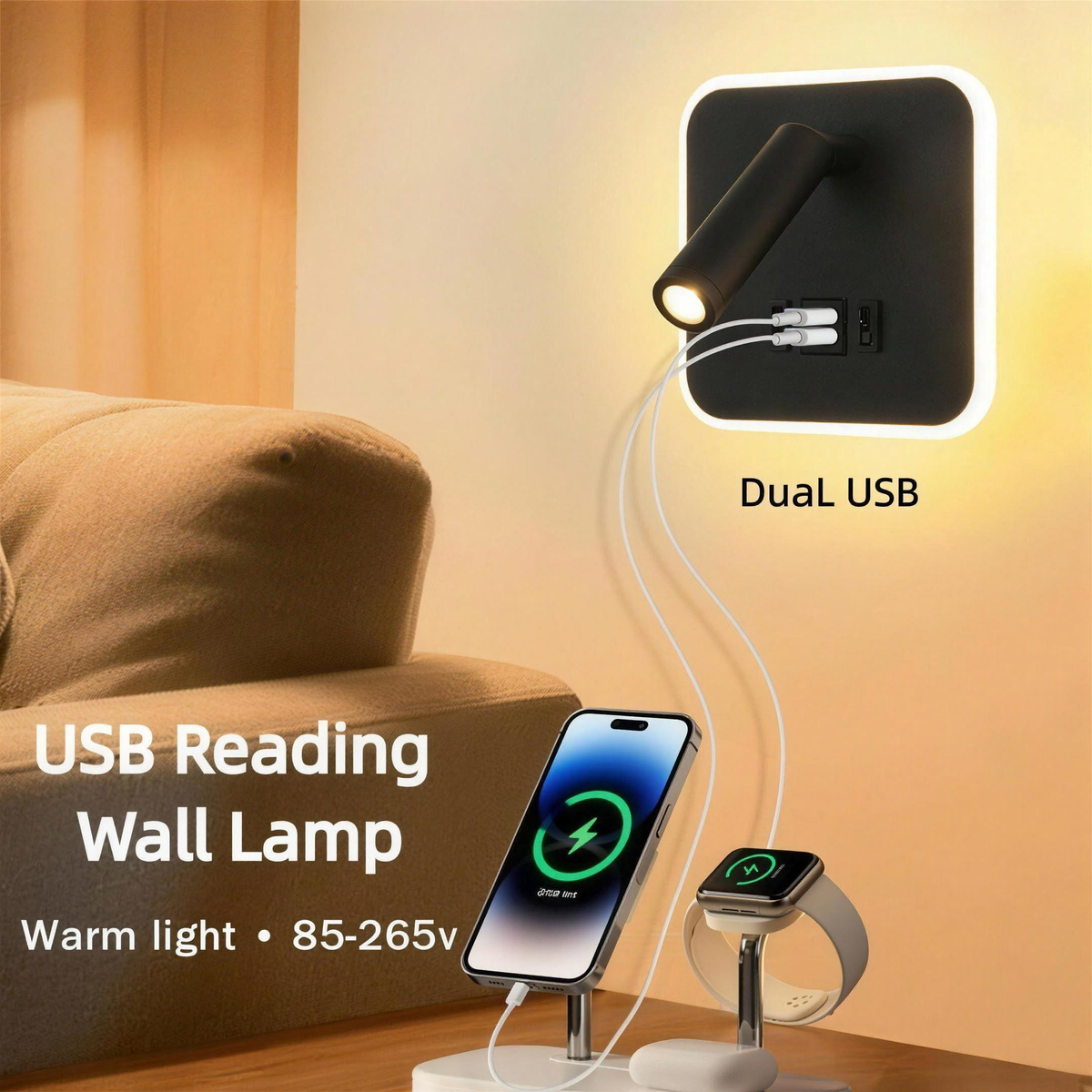 LED Bedside Wall Lamp with USB Type-C Charging Ports, Ambient Backlight & Rotatable Reading Spotlight for Bedroom — product view 1