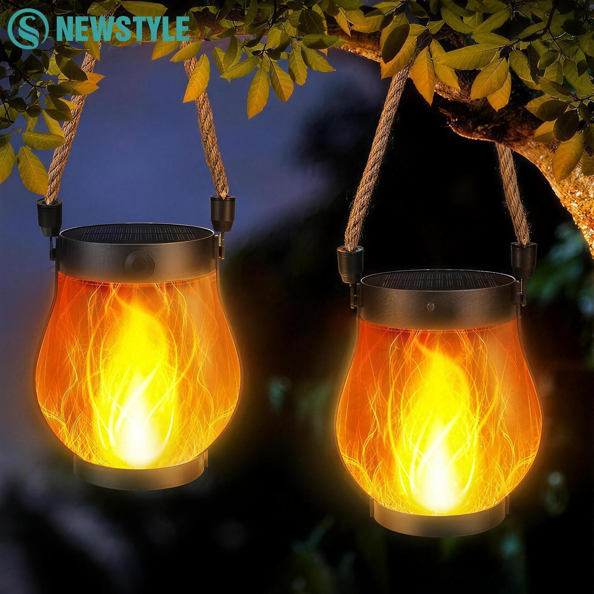 Solar Flame Rope Hanging Light with Type-C Backup Charging, Waterproof 3D Flickering Flame Lamp for Patio & Camping — product view 2