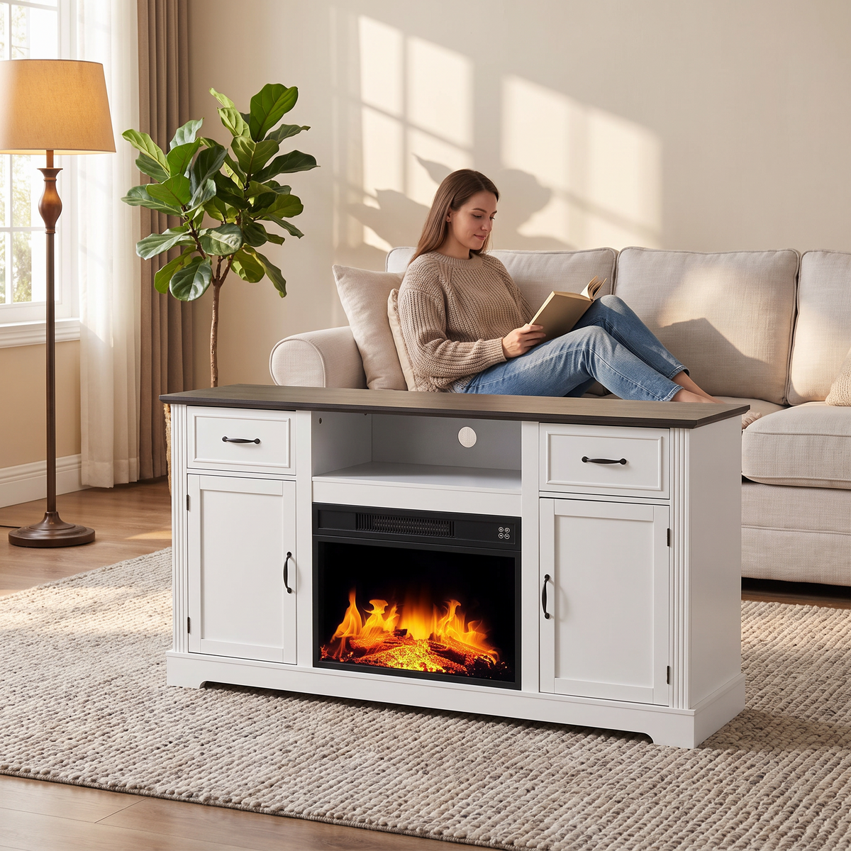 65 Inch Electric Fireplace TV Stand, Solid Wood, Modern Media Console Entertainment Center, Storage Cabinets for Living Rooms — product view 4