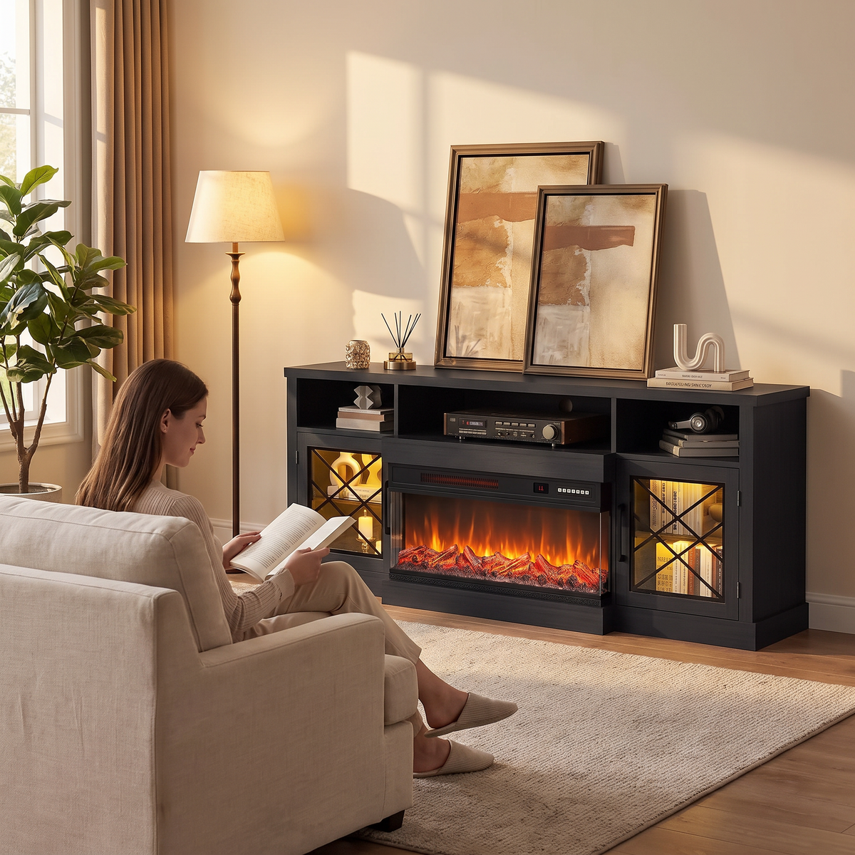 65 Inch Electric Fireplace TV Stand for TVs up to 75 Inch, 3-Sided Glass, Modern Media Console Entertainment Center for Living Rooms — product view 5
