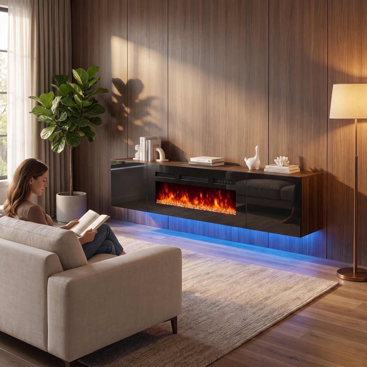 80 Inch Floating TV Stand with 40 Inch Electric Fireplace & LED Lights, Wall Mounted Media Console for TVs up to 90 Inch — product view 6