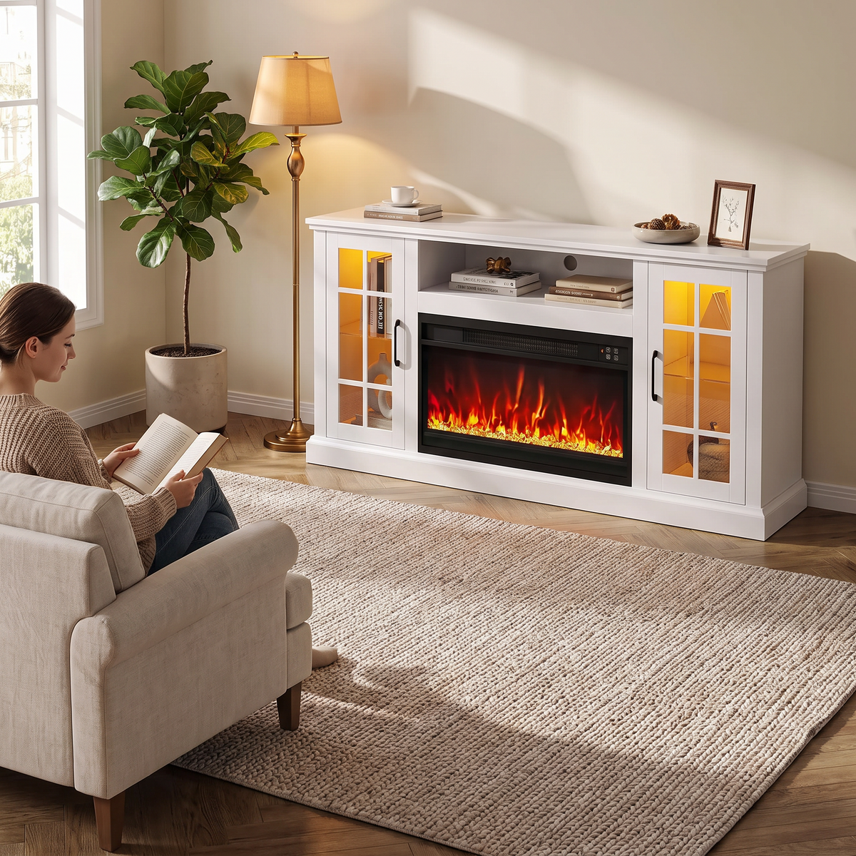 45 Inch Electric Fireplace TV Stand, Modern Media Console Entertainment Center, Storage Cabinets, Adjustable LED Flame for Living Rooms — product view 4