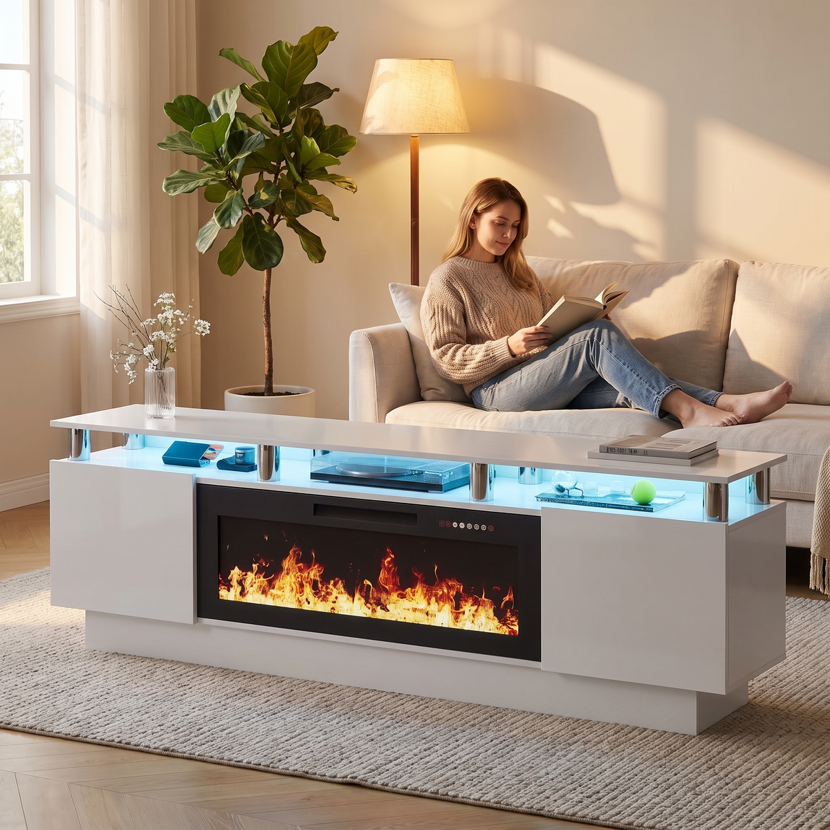 80 Inch Electric Fireplace TV Stand, Modern Media Console Entertainment Center, Adjustable LED Flame for Living Rooms — product view 4