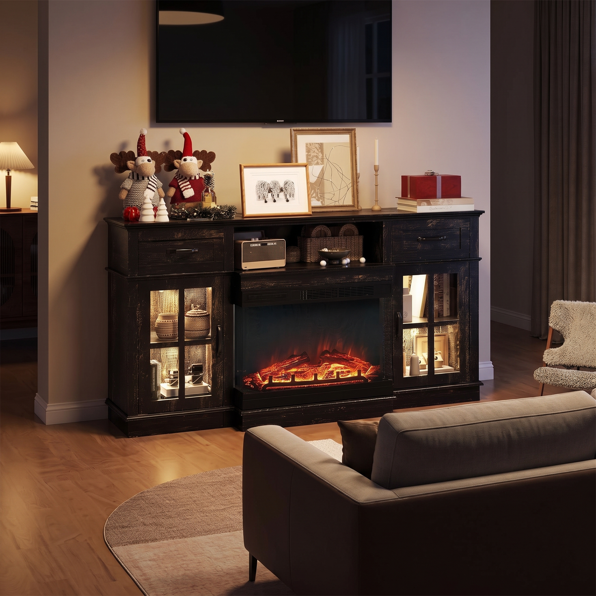 65 Inch Electric Fireplace TV Stand, Modern Media Console Entertainment Center, Storage Cabinets, Adjustable LED Flame for Living Rooms — product view 5
