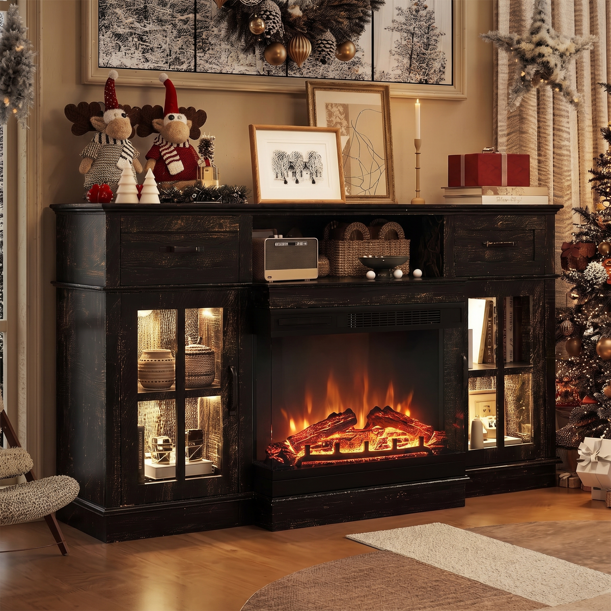 65 Inch Electric Fireplace TV Stand, Modern Media Console Entertainment Center, Storage Cabinets, Adjustable LED Flame for Living Rooms — product view 6