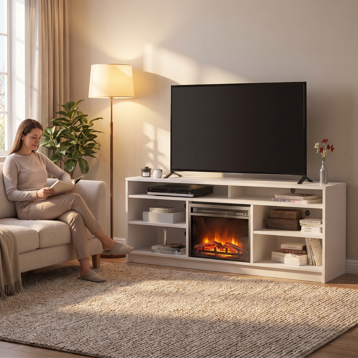65 Inch Electric Fireplace TV Stand, Modern Media Console Entertainment Center, Storage Cabinets for Living Rooms — product view 4