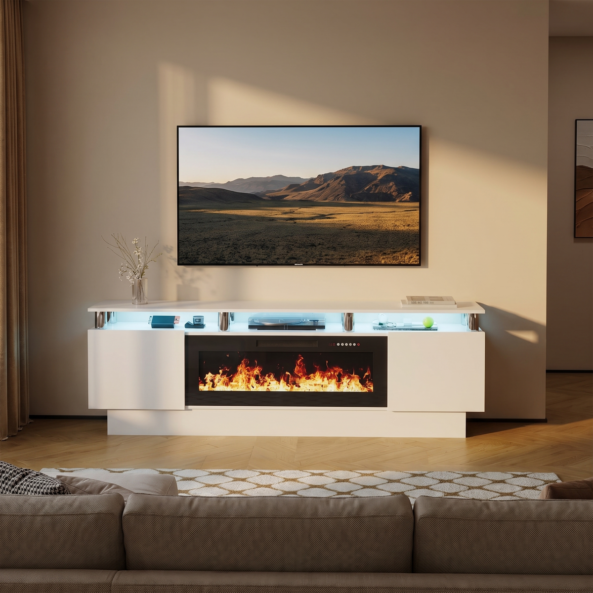 80 Inch Electric Fireplace TV Stand, Modern Media Console Entertainment Center, Adjustable LED Flame for Living Rooms — product view 5