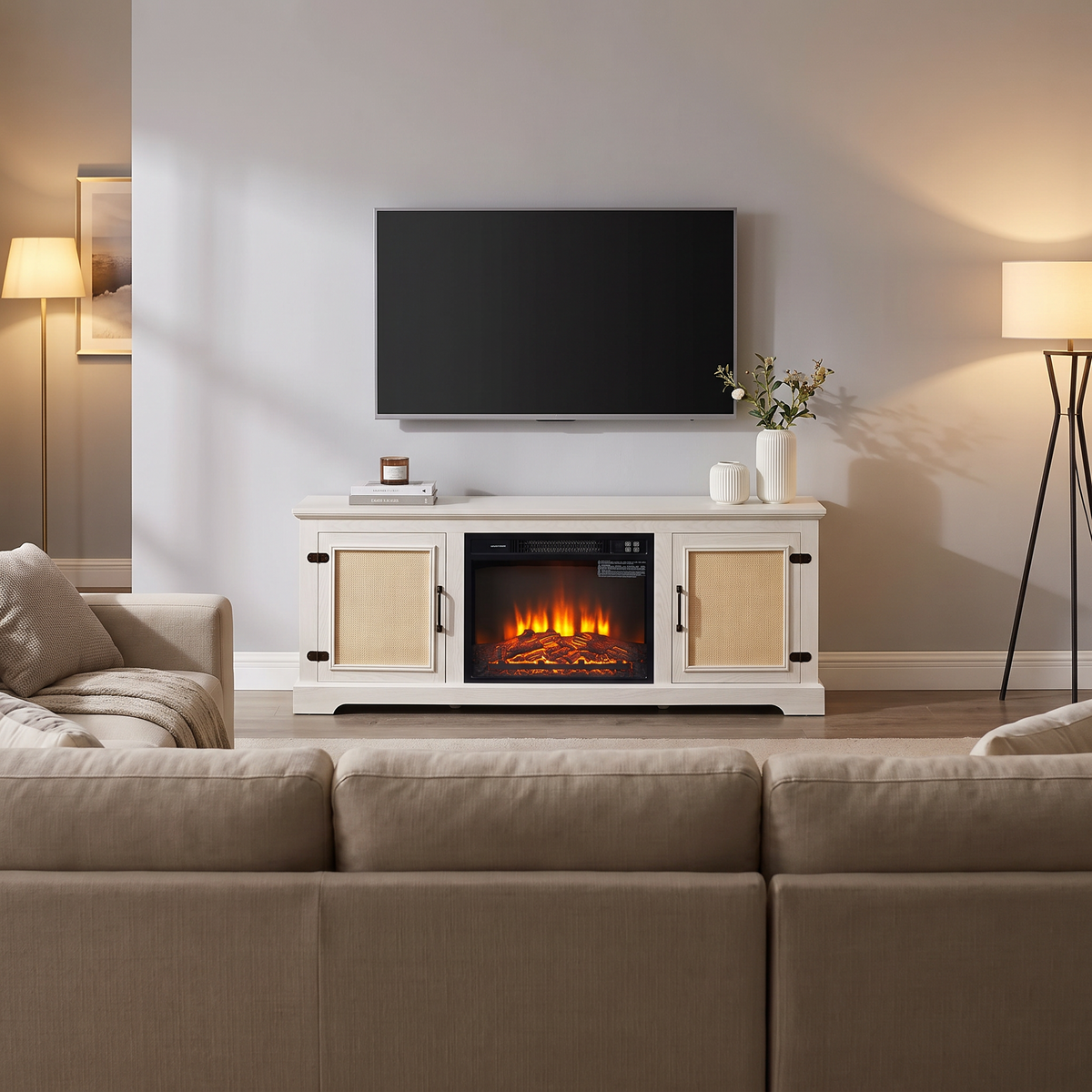 Electric Fireplace TV Stand with Rattan Cabinet Doors, Modern Media Console Entertainment Center for Living Rooms — product view 5