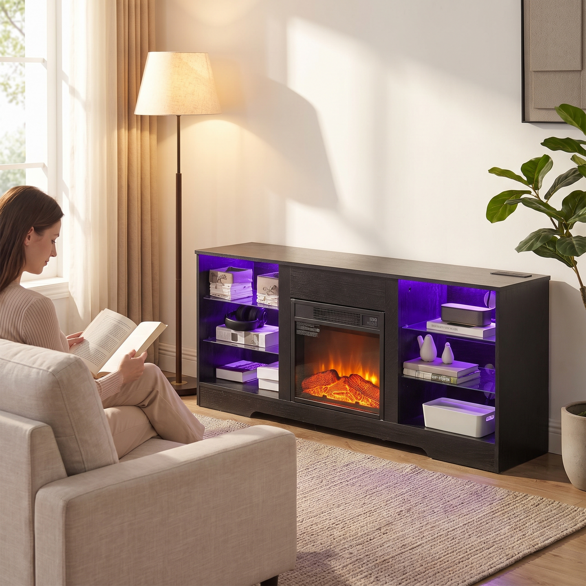 Electric Fireplace TV Stand, Glass Front, Modern Media Console Entertainment Center, Adjustable LED Flame for Living Rooms — product view 4