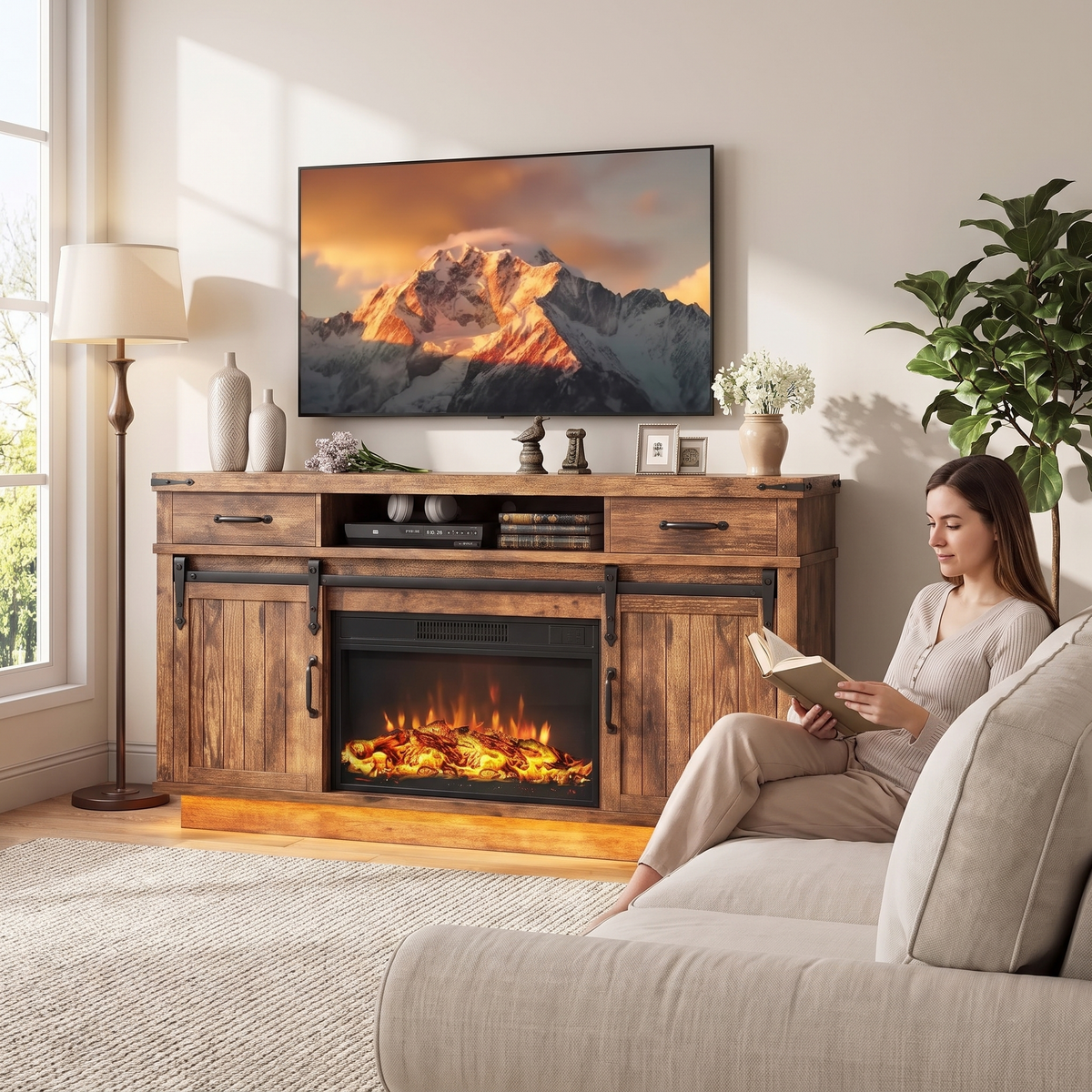 58 Inch Electric Fireplace TV Stand, Farmhouse Media Console Entertainment Center, Storage Cabinets for Living Rooms — product view 4