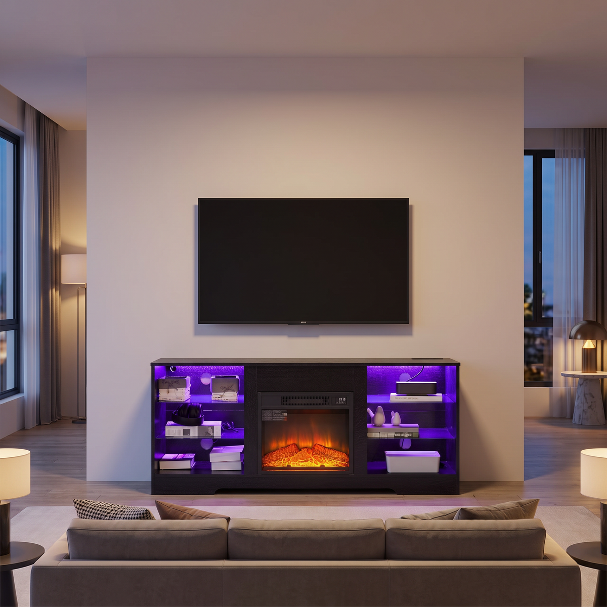 Electric Fireplace TV Stand, Glass Front, Modern Media Console Entertainment Center, Adjustable LED Flame for Living Rooms — product view 5