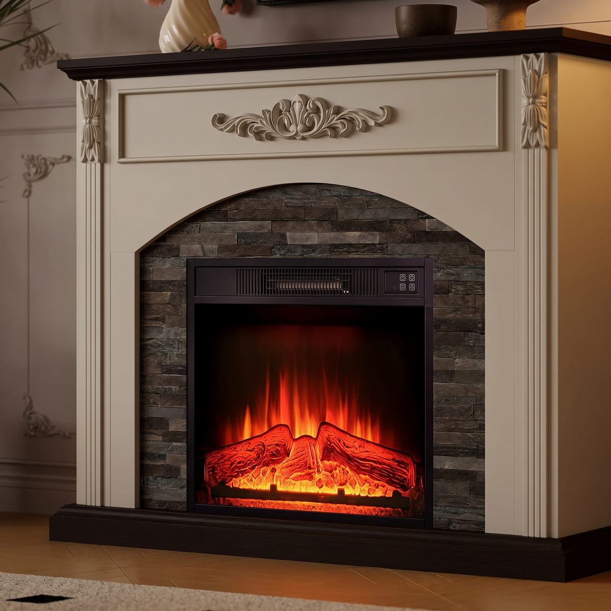 44 Inch Electric Fireplace TV Stand with Mantel, Farmhouse Stacked Stone Surround, White Firebox Media Console — product view 6