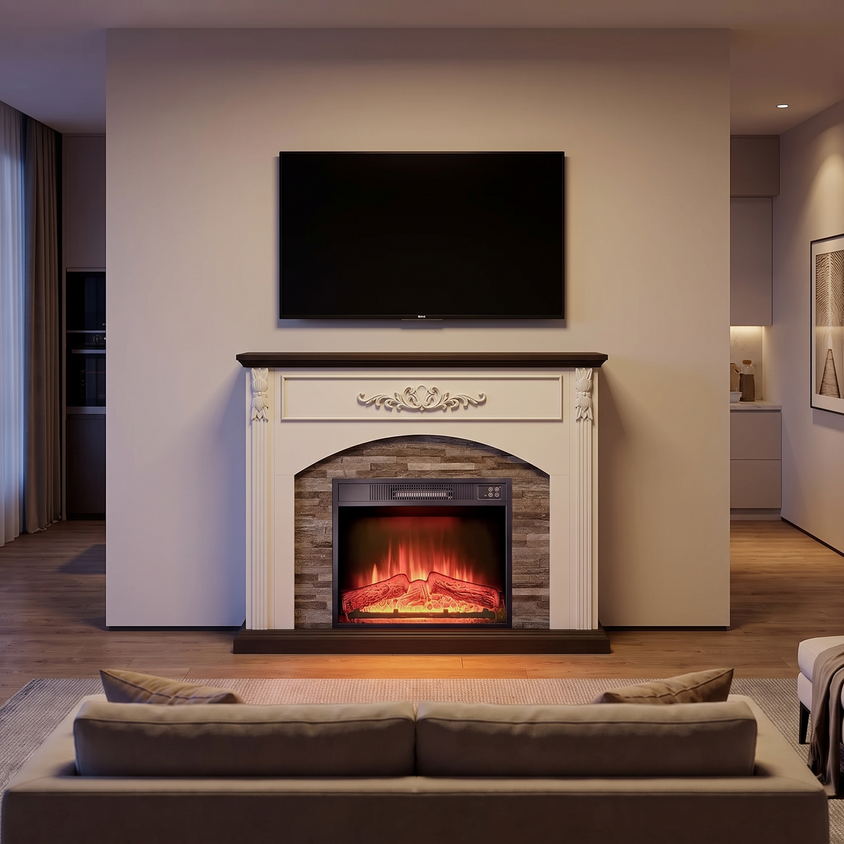 44 Inch Electric Fireplace TV Stand with Mantel, Farmhouse Stacked Stone Surround, White Firebox Media Console — product view 5
