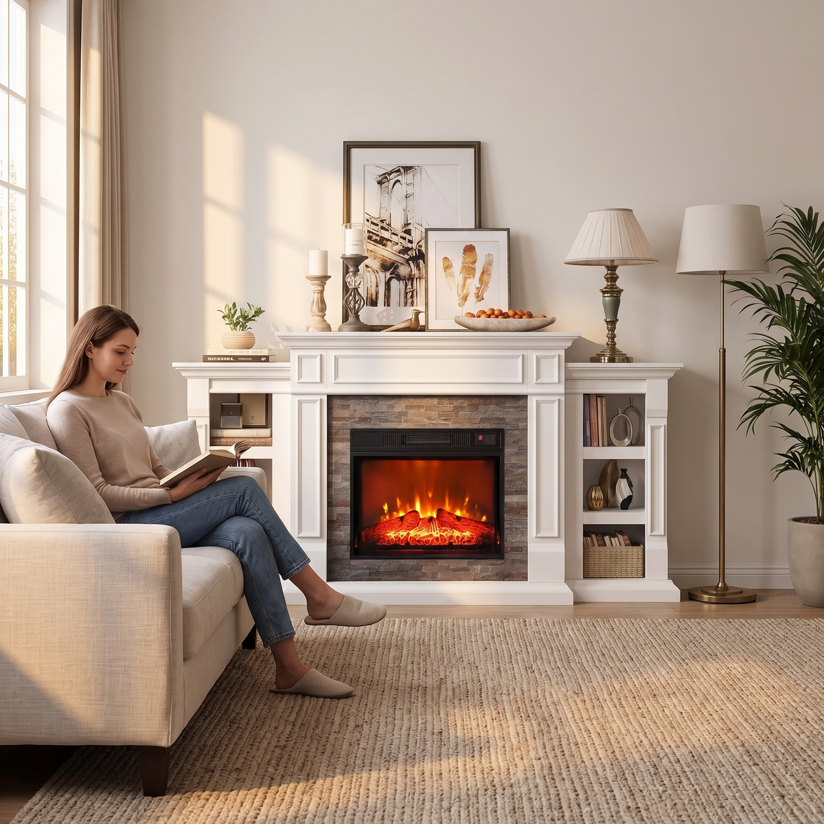 Electric Fireplace TV Stand for TVs up to 100 Inch, Farmhouse Media Console Entertainment Center, Adjustable LED Flame for Living Rooms — product view 5
