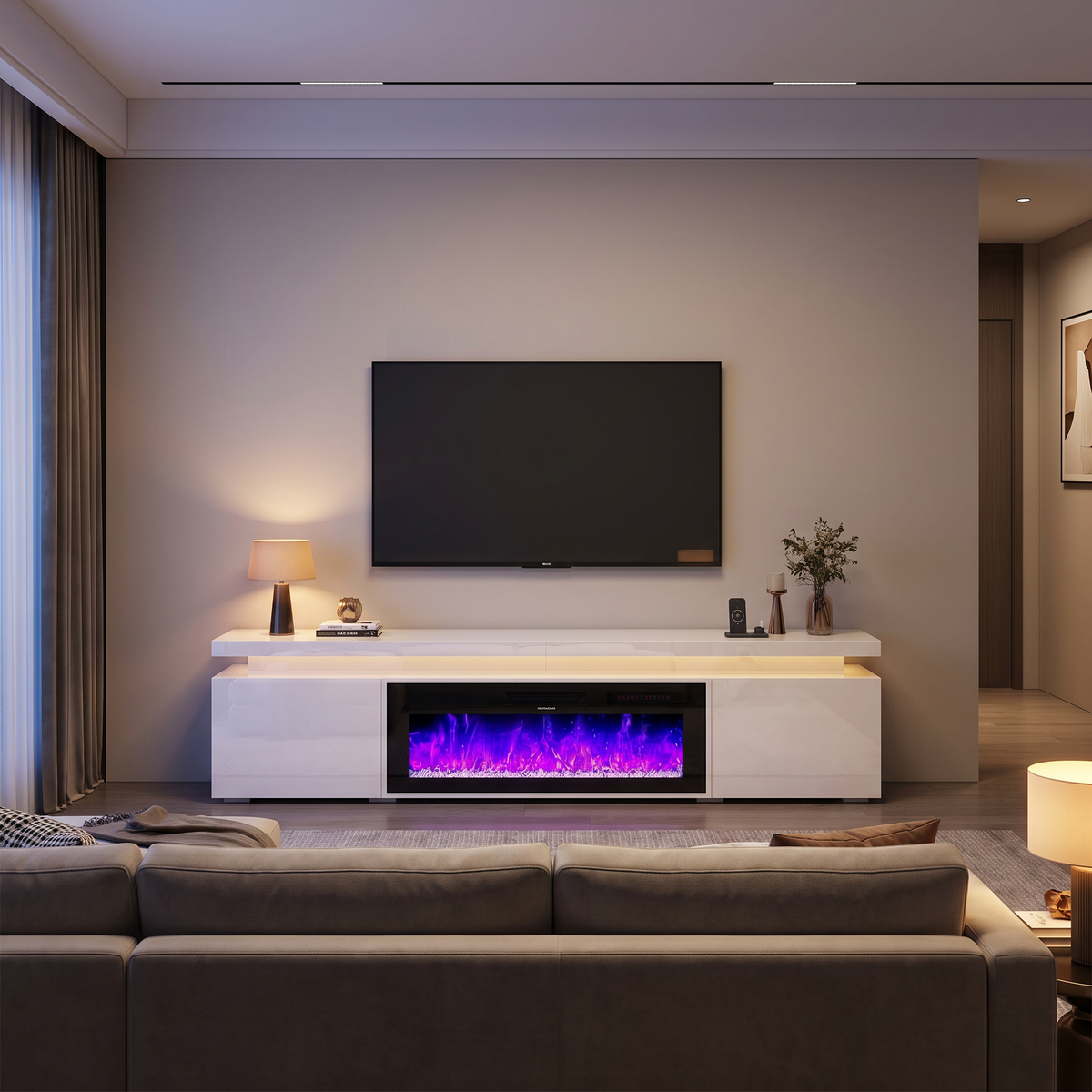 71 Inch Fireplace TV Stand with 40 Inch Electric Fireplace & Power Outlet for 80 Inch TV, High-Gloss Media Console with Storage — product view 6