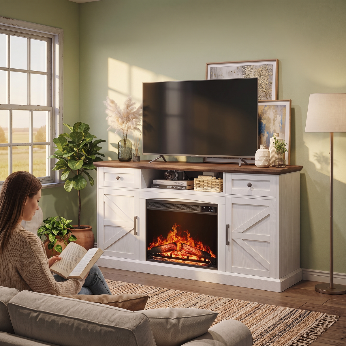 Farmhouse Fireplace TV Stand for TVs up to 70 Inch, Entertainment Center with 23 Inch Electric Fireplace, Drawers & Storage, Antique White — product view 7