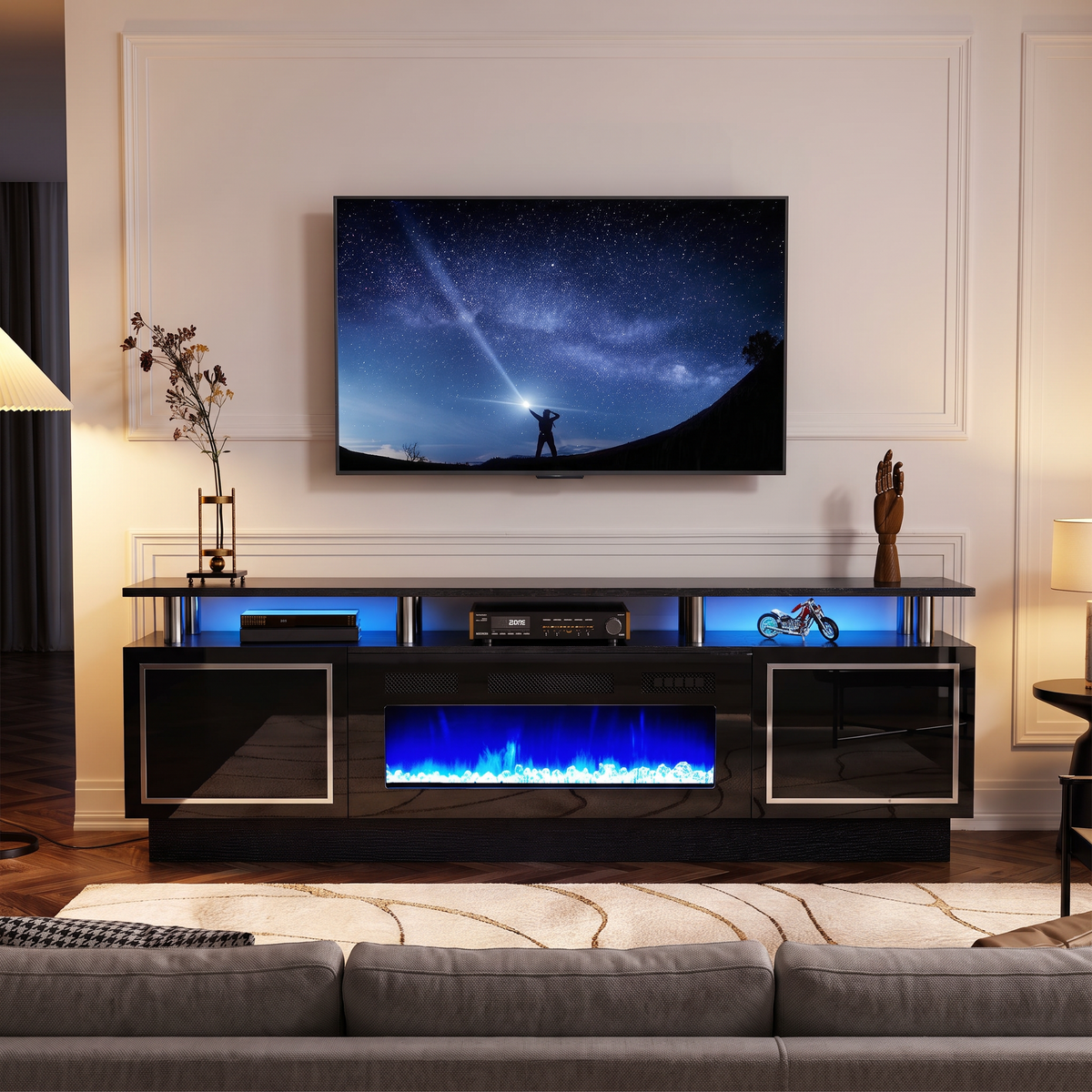 Double-Tier Electric Fireplace TV Stand for TVs up to 80 Inch with LED Lights, Black Two-Level Media Console — product view 6