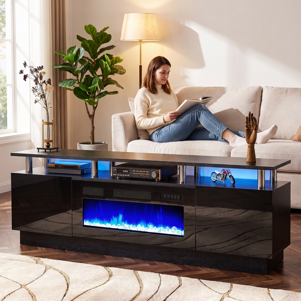 Double-Tier Electric Fireplace TV Stand for TVs up to 80 Inch with LED Lights, Black Two-Level Media Console — product view 5