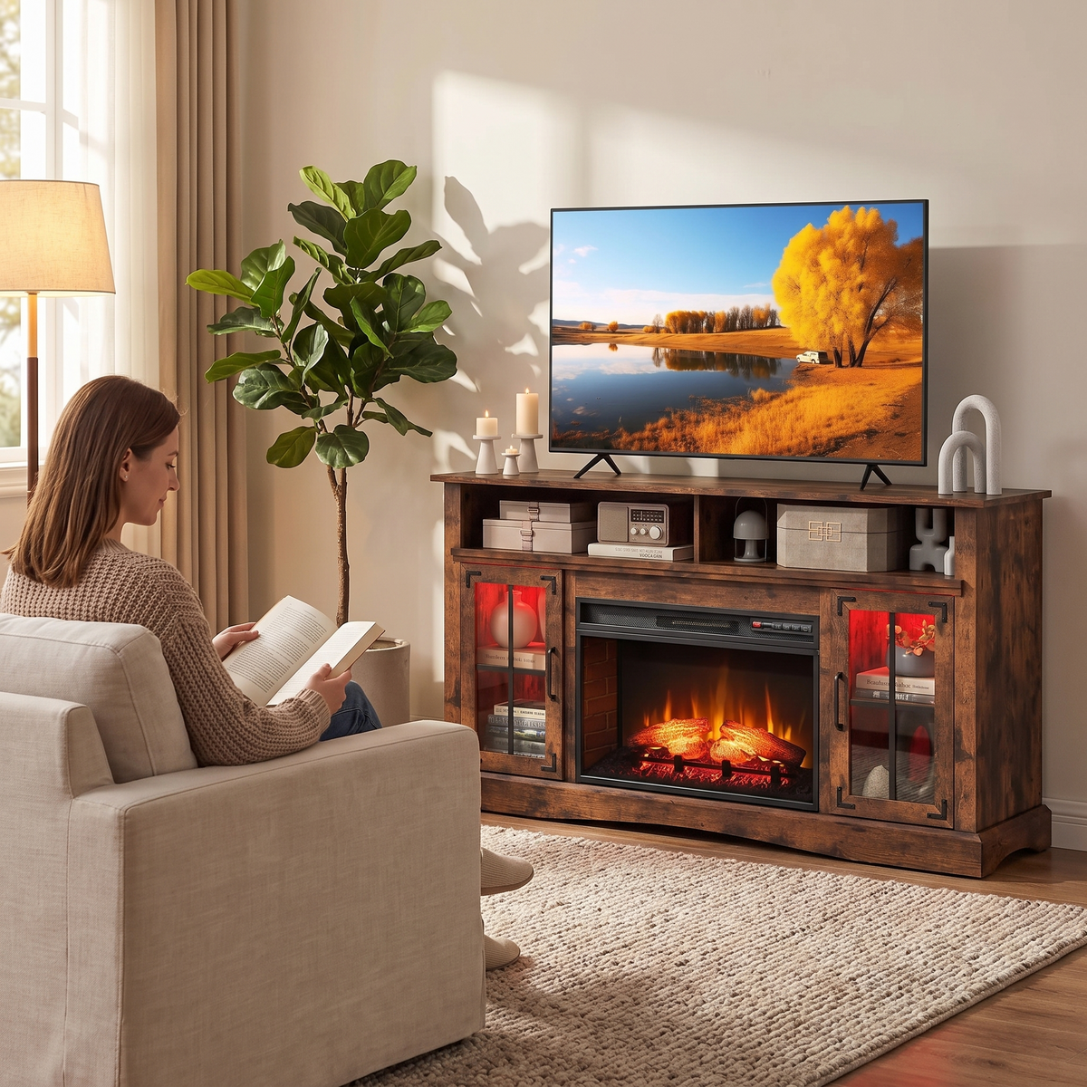 Fireplace TV Stand for TVs Up to 65", Adjustable Shelves LED Light Entertainment Center with Electric Fireplace — product view 5
