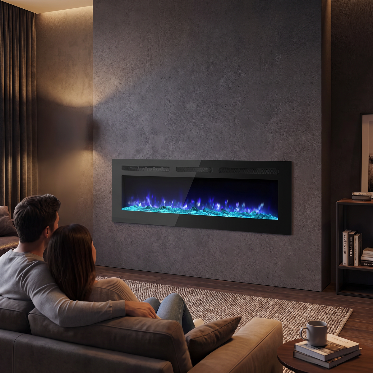 60 Inch Slim Recessed Electric Fireplace, Wall Mounted Linear LED Fireplace with Digital Thermostat, Blower Fan & Remote, 750-1500W, Black — product view 6