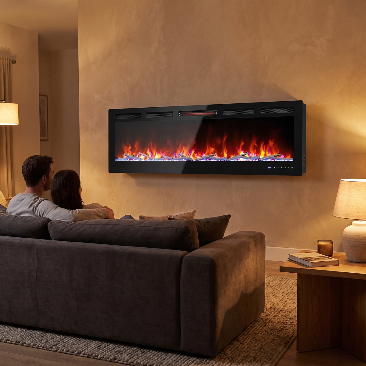 60 Inch Smart WiFi Electric Fireplace, Recessed & Wall-Mounted Linear Fireplace with Realistic Flame & 1500W Quartz Heater — product view 5