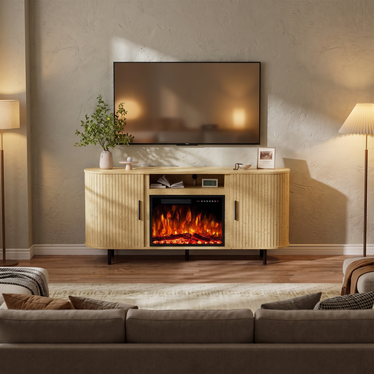 65" Fluted Fireplace TV Stand for TVs Up to 75 inches, Modern Entertainment Center with 23" Electric Fireplace, Wooden — product view 6