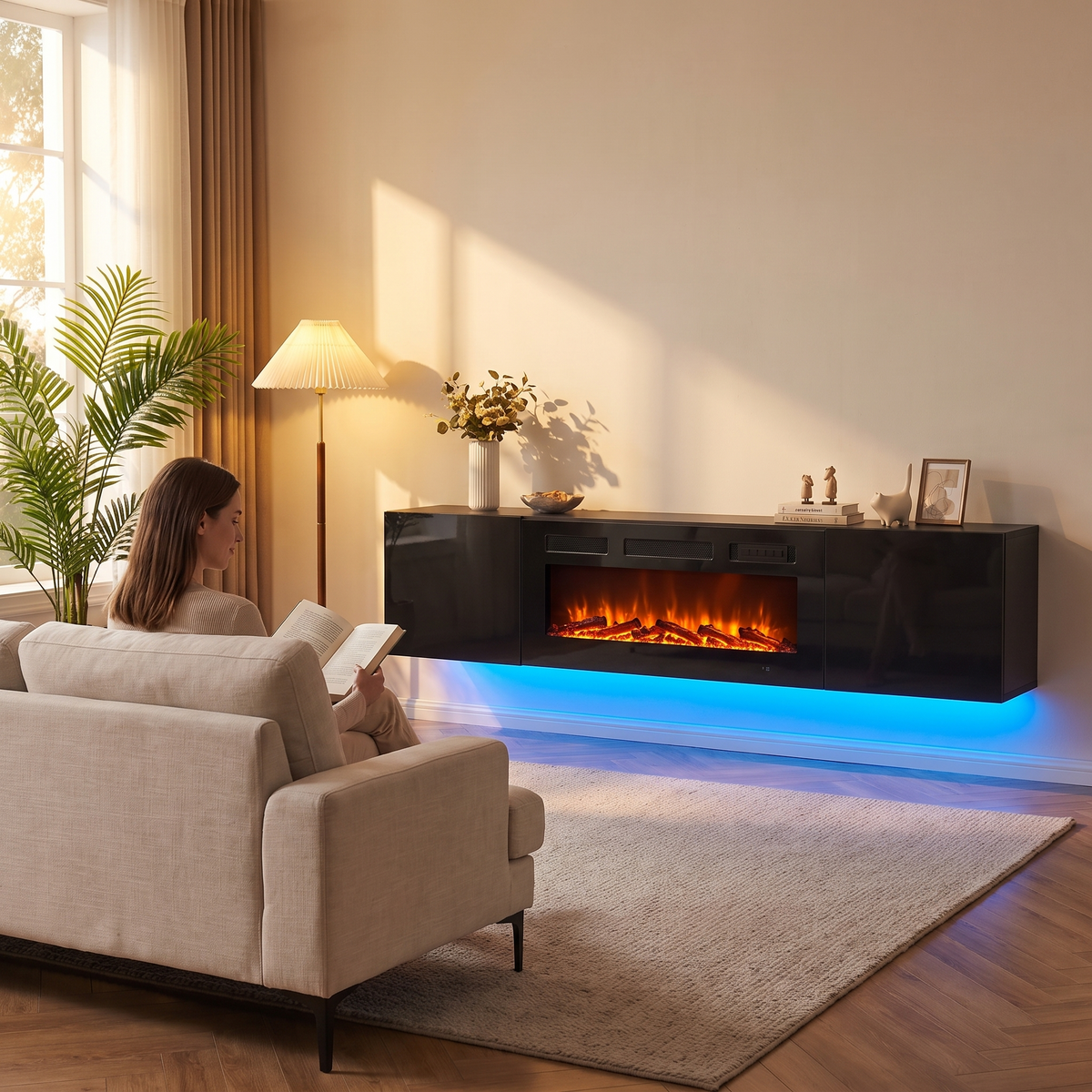 70 Inch Floating TV Stand with 36 Inch Electric Fireplace, Wall Mounted Entertainment Center with Storage for Living Room — product view 5