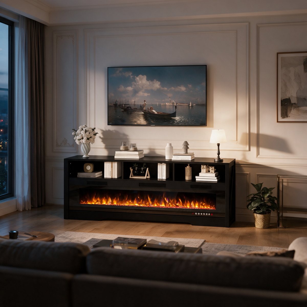 65 Inch Electric Fireplace TV Stand for TVs up to 75 Inch, Glass Front, Modern Media Console Entertainment Center for Living Rooms — product view 6