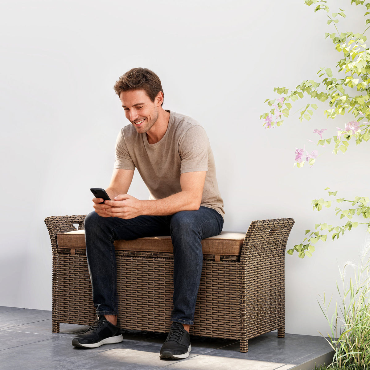 2-in-1 Patio Wicker Storage Bench, 29 Gallon with Cushion, Tan — product view 4