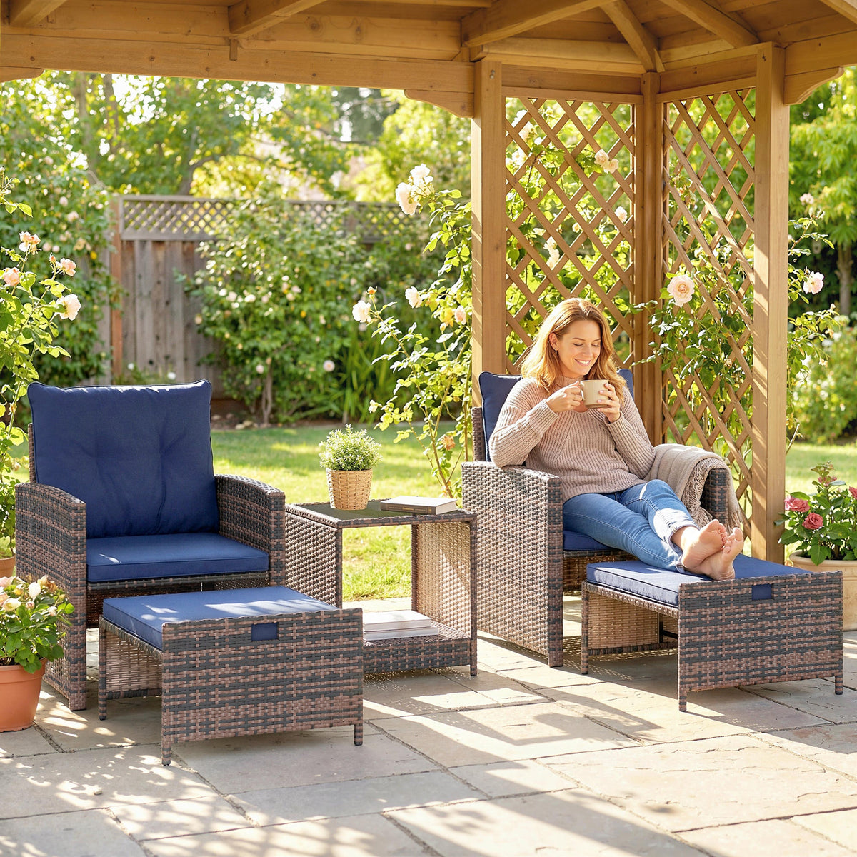 5-Piece Patio Set with Ottomans and 2-Tier Glass Table, Brown and Dark Blue — product view 3
