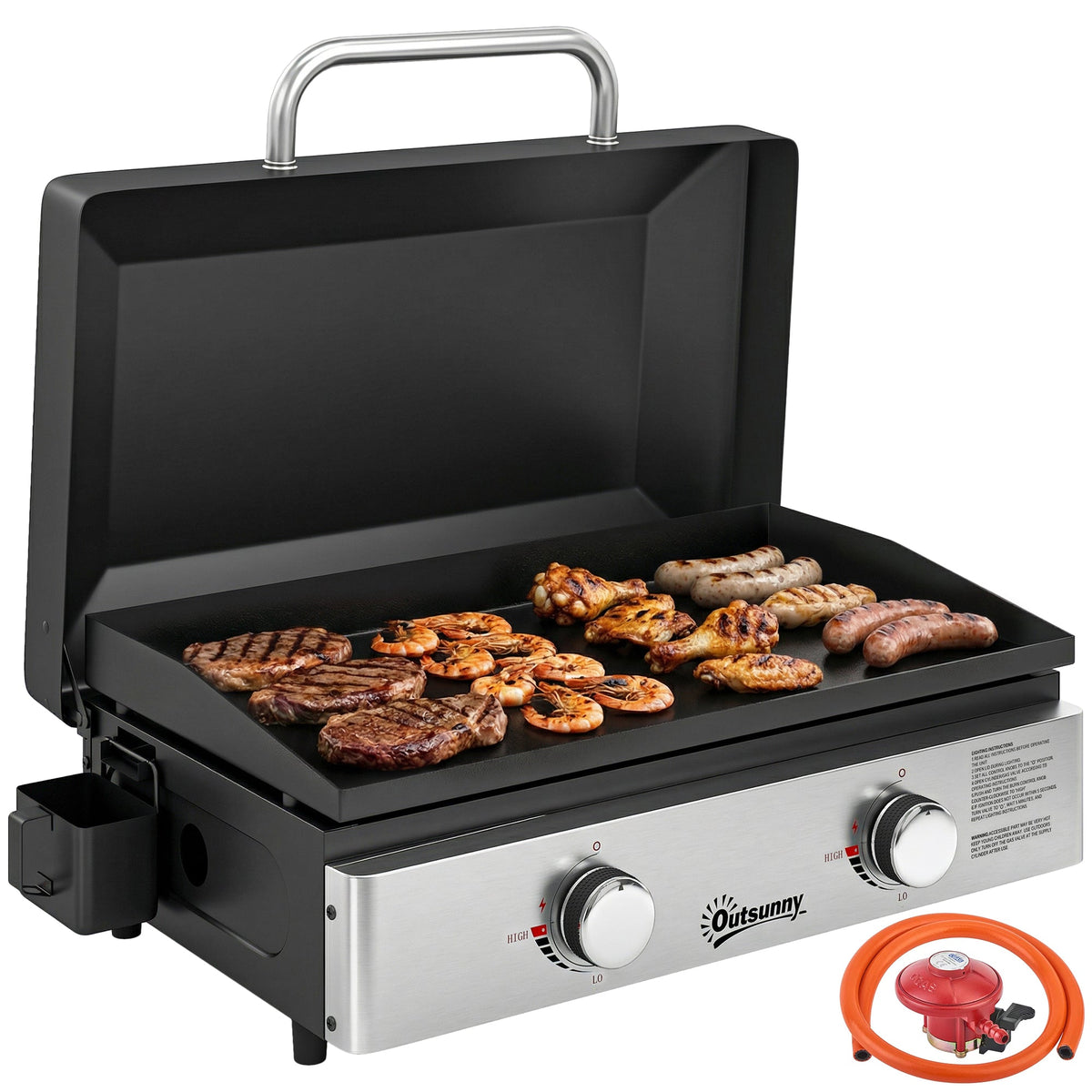 2-Burner Portable 6 kW Gas Plancha Tabletop Griddle with Grease Cup for Camping, Black — product view 1