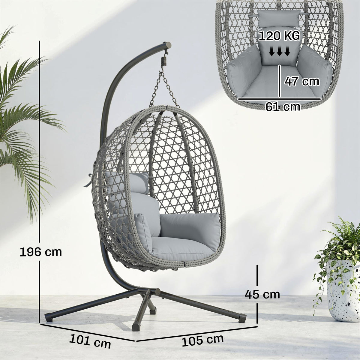 Hanging Egg Chair, Rattan with Stand, Safety Strap & Foldable Basket, Dark Grey — product view 5