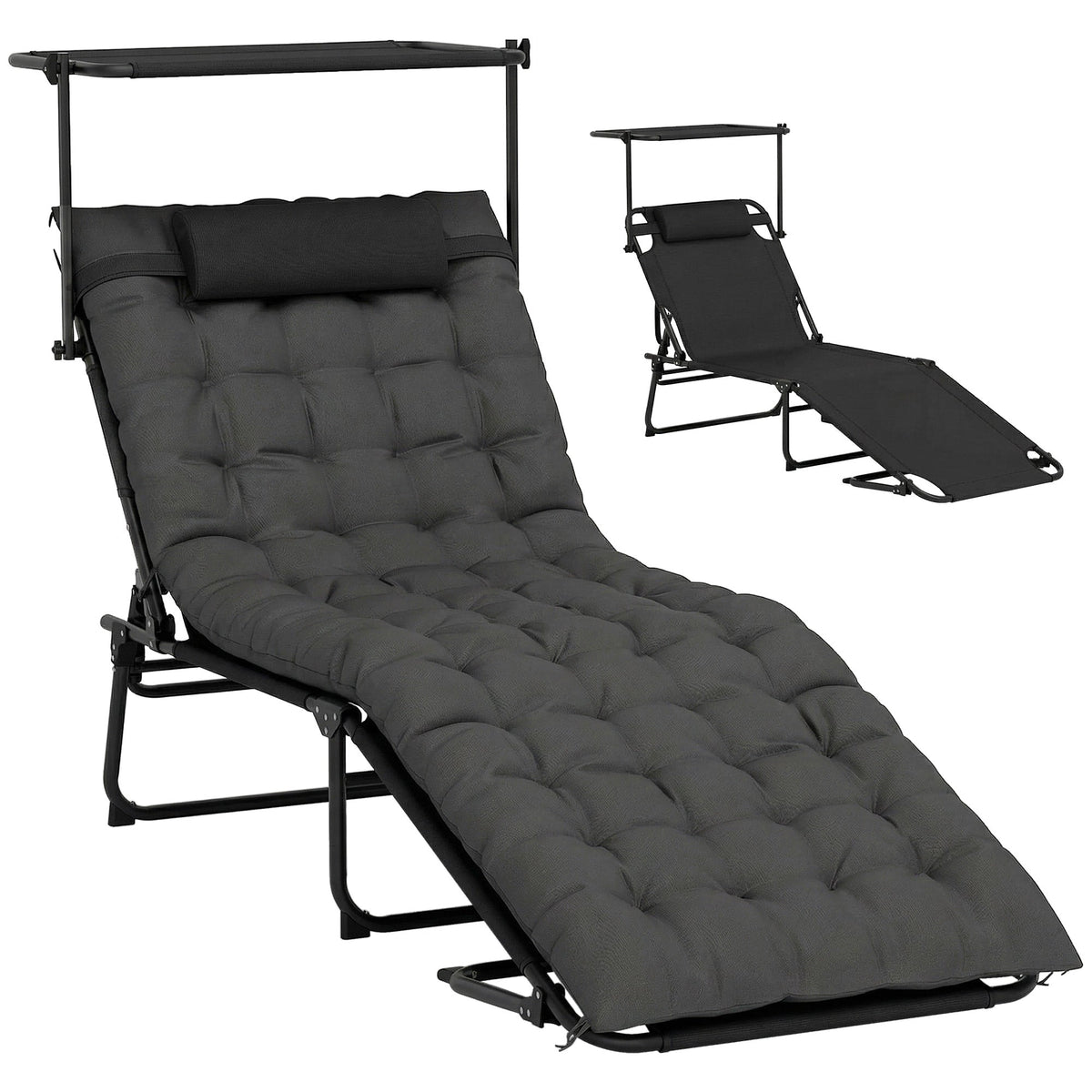 Folding Chaise Lounge Chair with Cushion, Sun Shade and Headrest, Dark Grey — product view 1